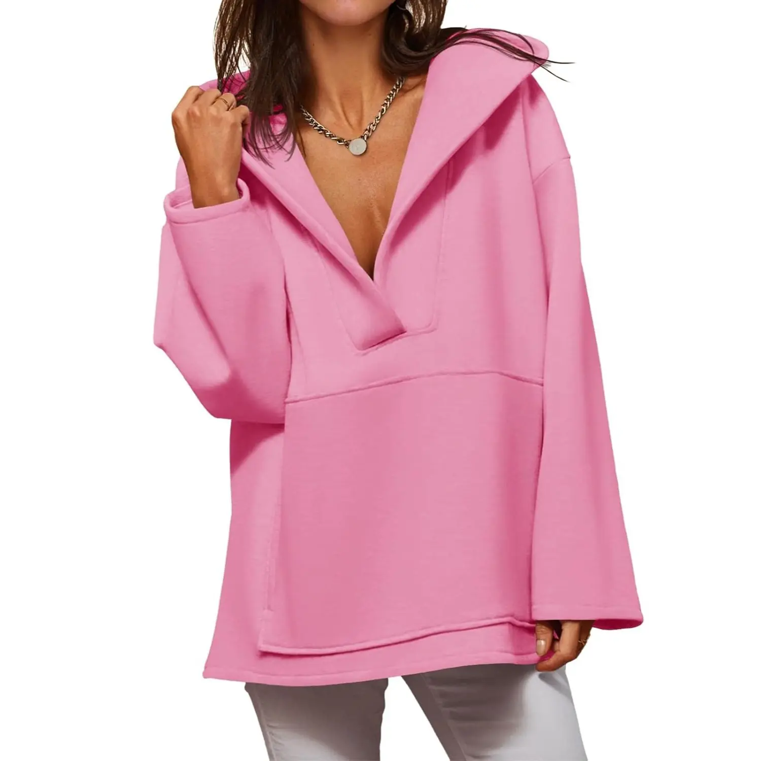 Fisoew Women's Hoodies Oversized Sweatshirts Casual Fleece V Neck Long Sleeve Hooded Loose Fall Winter Pullover Tops Soft Womenswear bistro hoodie ditch masked hoodie graphic hoodies hoodies for women zip up hoodies comfort hoodies spider hoodie