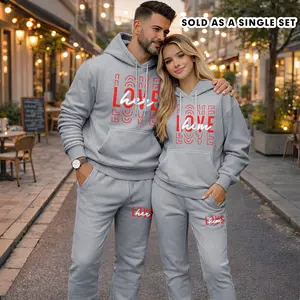 Couple's “LOVE her” and “LOVE him” Print Hoodie and Sweatpants Set (Sold as a Single Set), Casual Sportswear, Long-Sleeve Hooded Jacket and Pants, Suitable for Autumn, Winter, and Spring, Everyday Wear, Tracksuit