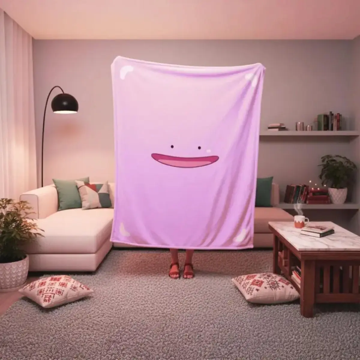 Pink Ditto Anime Theme Cozy Flannel Blanket Throw - Sherpa or Minky Printed Face, Breathable, Durable, Stain Resistant, Fade Resistant, Flat Weave All Season Gamer Gift Textile Blanket