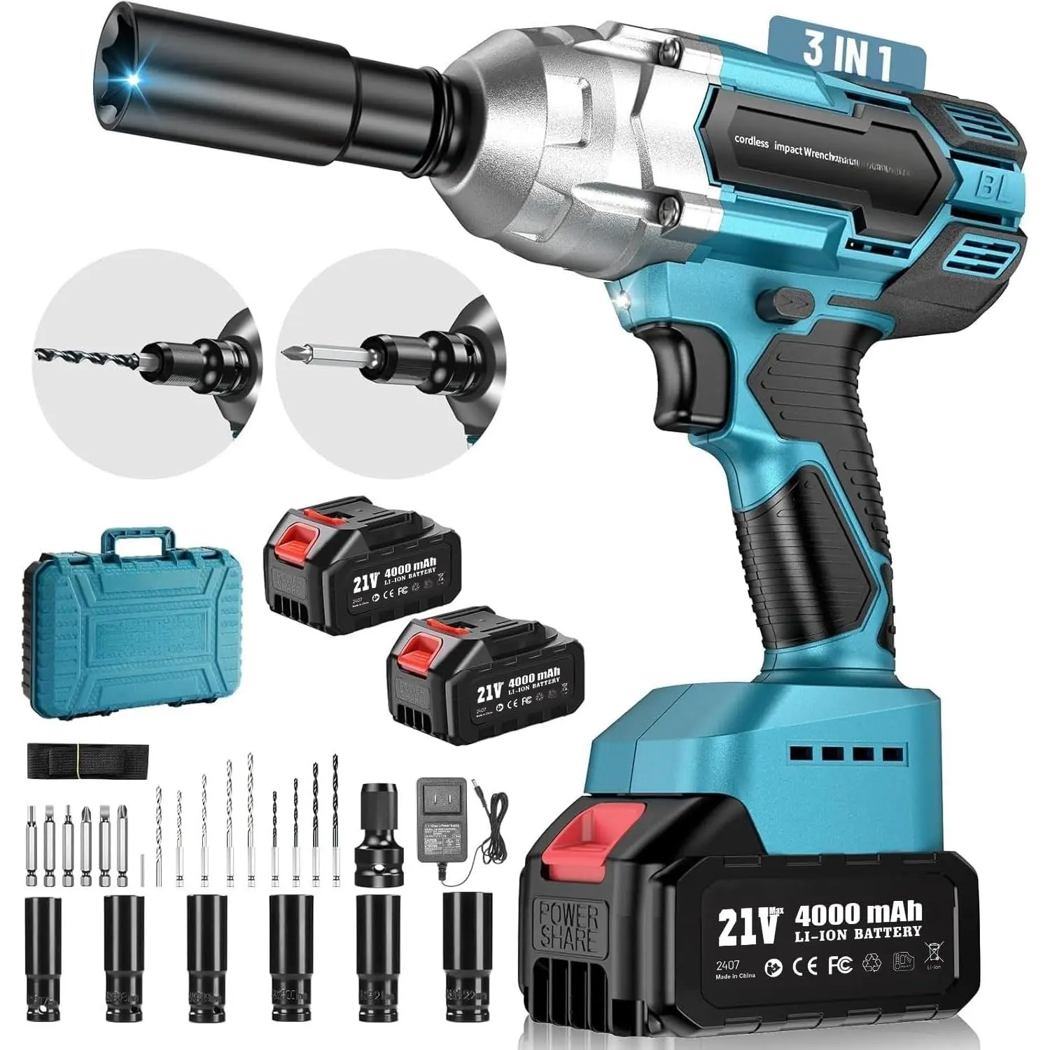 Cordless  Wrench 1/2 inch, High Torque 479 Ft-lbs(650Nm) Brushless  ,2500RPM w/2x4.0 , 6 Sockets,8 Drill Bits, High Torque Power  Driver for  ,WH700