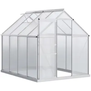 Outsunny 6' x 6' x 6.5' Polycarbonate Greenhouse with Aluminum Frame, Walk-in Heavy Duty Green House with Adjustable Roof Vent, Rain Gutter and Sliding Door for Winter, Silver