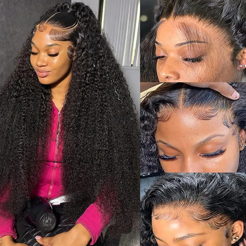 220% Density 13x6 Deep Curly HD Lace Front Wigs Human Hair Pre Plucked Curly Lace Front Wigs Human Hair with Baby Hair Deep Curly Frontal Wigs Human Hair for Women Natural Black Wig Band For Lace Front