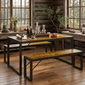 45.5 Inch 3 Piece Dining Table Set with 2 Benches, Heavy Duty Metal Frame MDF Rectangular Dinner Table, Adjustable Foot Pads Anti-Collision Design, High Load Bearing Space Saving Dinette Furniture for Home Kitchen Living Room Small Household Use