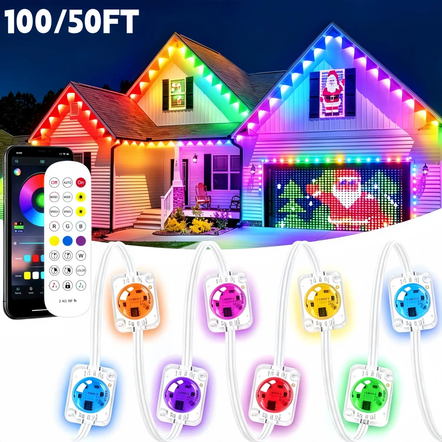50/100FT Outdoor Eaves Light, Smart RGB IC Lights for House Roof Decor, LED Home Decor Light String, Halloween and Christmas Party Decoration Lights, Bluetooth APP Control, IP67 Waterproof Outdoor Lights for Backyard, Courtyard and Festival Decoration
