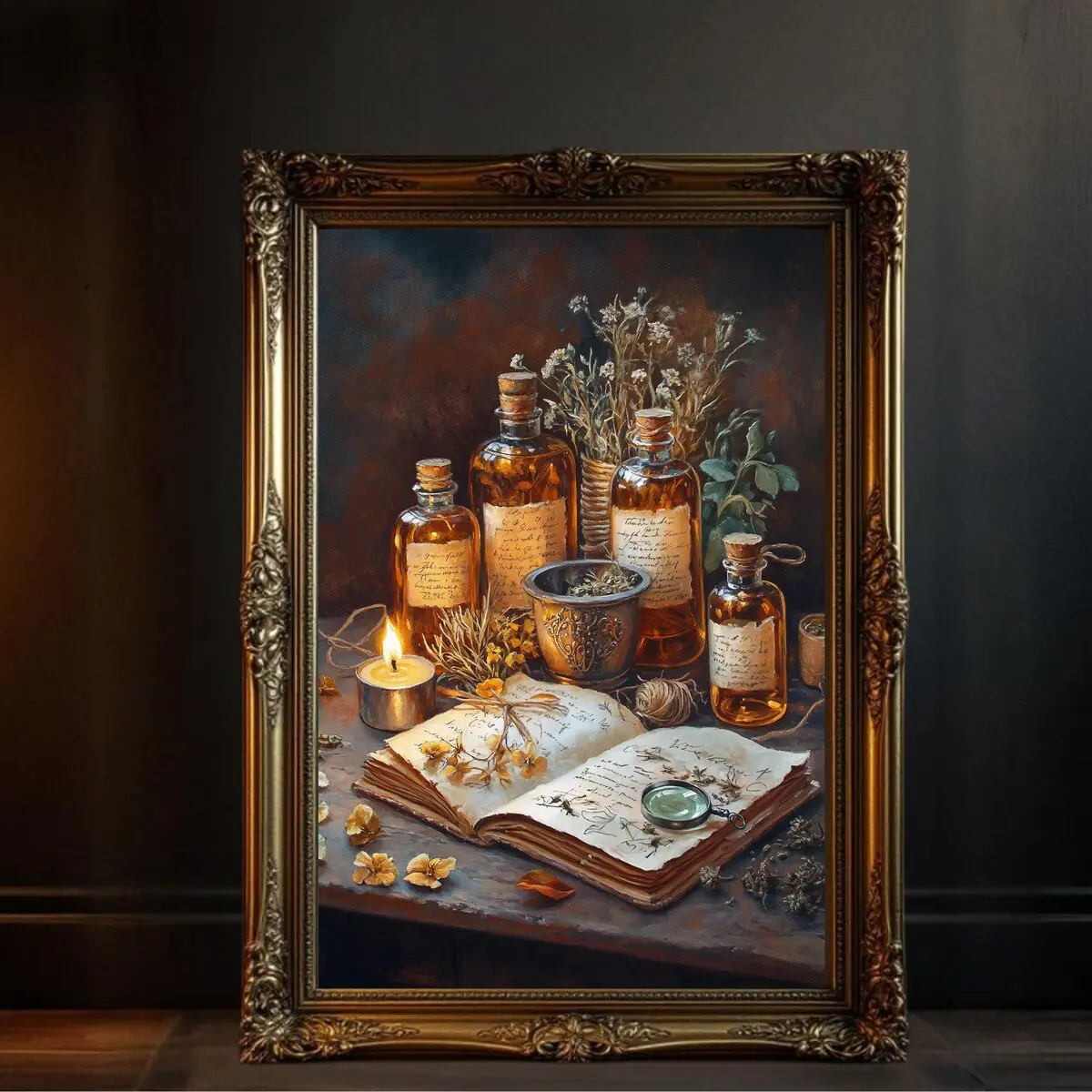 Vintage Apothecary Botanical Wall Art, Rustic Herb Garden Decor, Old World Charm Painting, Cottagecore Home Decor Print, Unframe