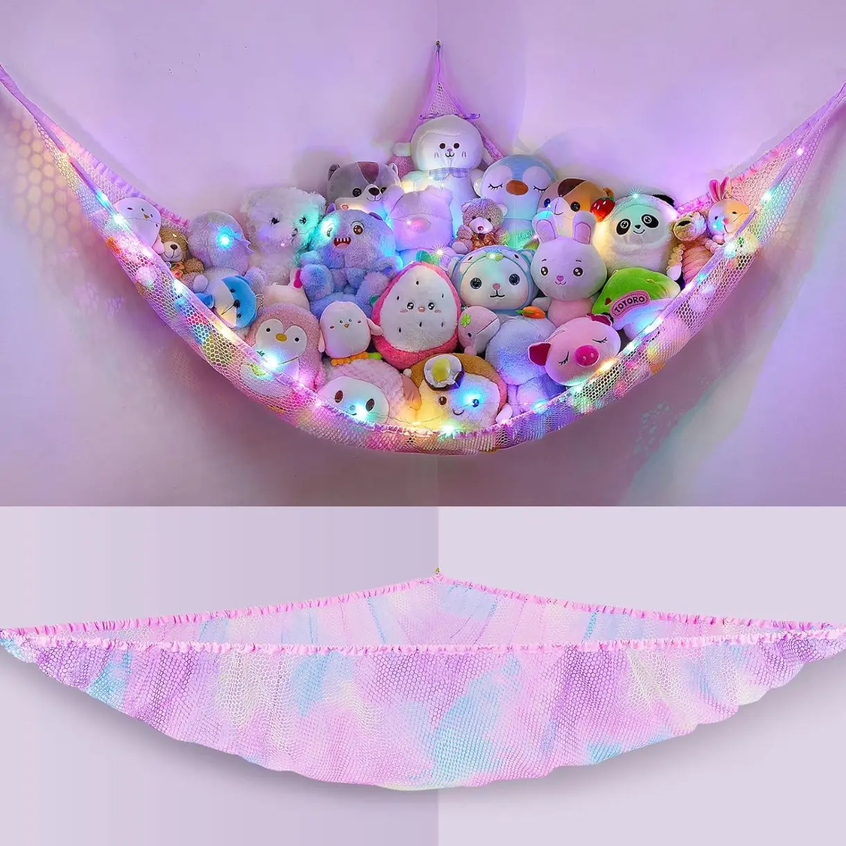 Stuffed Animals Net or Hammock Kids Toy Storage Organizer with LED Light Hanging Corner Stuffed Animals Holder Kids Girls Room Decor(Pack of 1)
