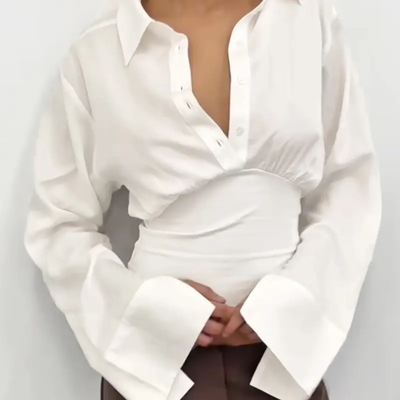 Women's Sexy Chic Basic Casual Fashion Collared Commuter V-Neck Button Front Pullover Blouse Shirt Button Up Blouses Womenswear Casual Fashion Apparel, Solid Color Long Sleeve Slim-Fit Fitted Elastic Waist Top for Spring & Fall Casual Wear