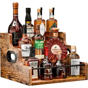 Wooden Kitchen Spice Rack — Iron & Wood Combination Liquor Storage Shelf — Solid Wood Tiered Display Rack