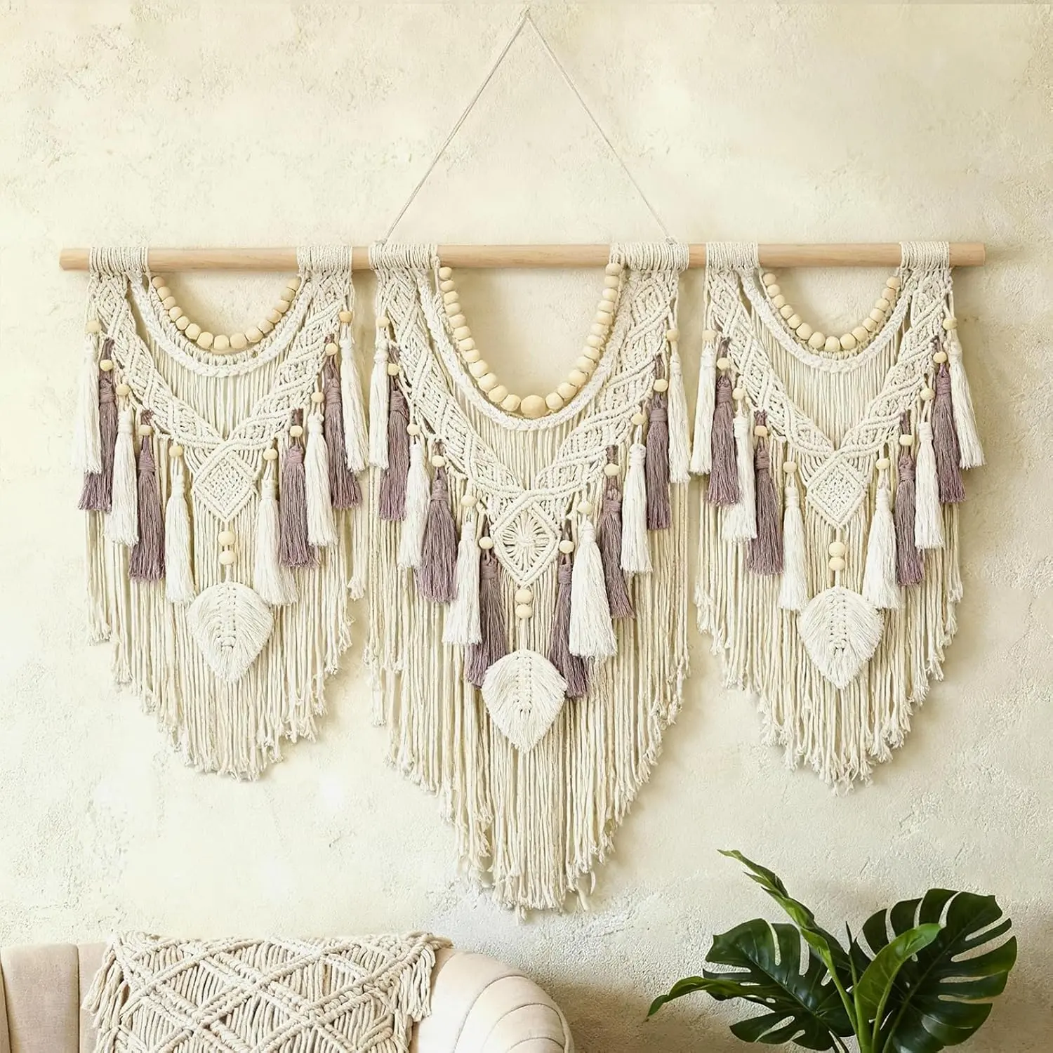 Tempospark Large Macrame Wall Hanging, 43" Wx32 L Boho Wall Hangings for Living Room Bedroom Nursery, Boho Chic Large Macrame Tapestry for Bedroom Wall Decor (Leaf Bead)