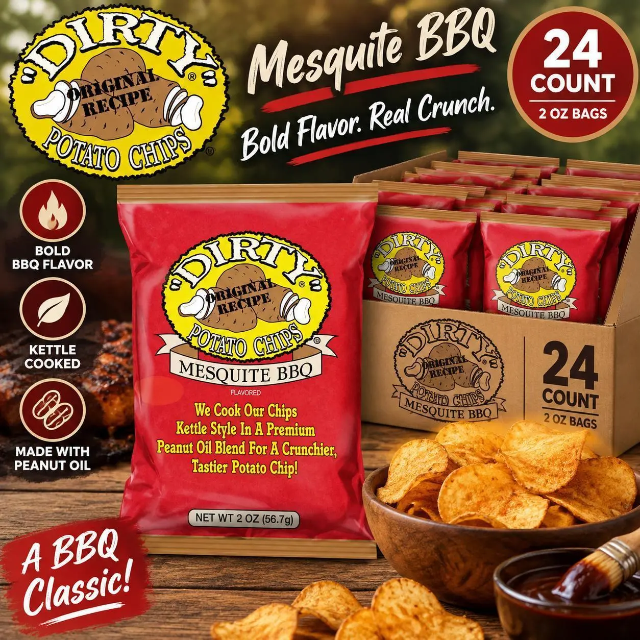 Dirty Kettle Potato Chips Mesquite Barbecue Flavor 2 oz 24 Count Snack Bags BBQ Chips