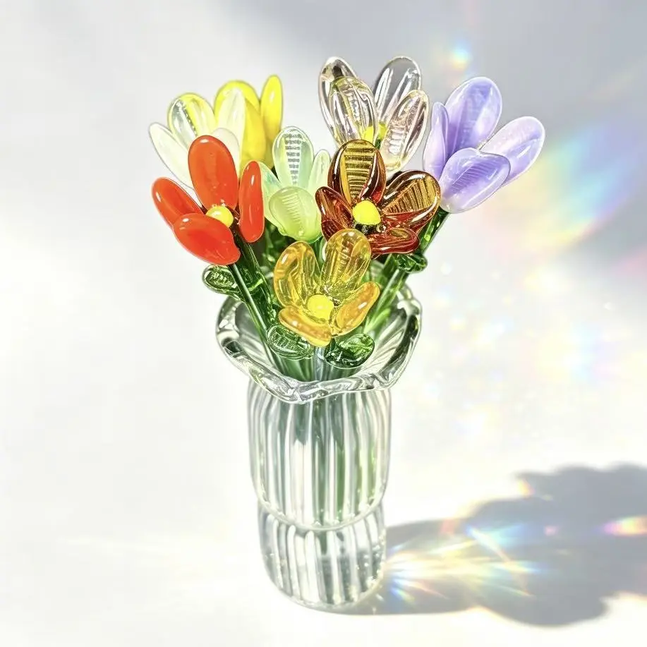 1 Set 8 Mixed Handcrafted Mini Glass Artificial Flowers With Clear Glass Vase DIY Simulation Floral Bouquet Ornaments Elegant Tabletop Faux Glass Flower Arrangement Decor For Home Room Party Holiday Gift Giving