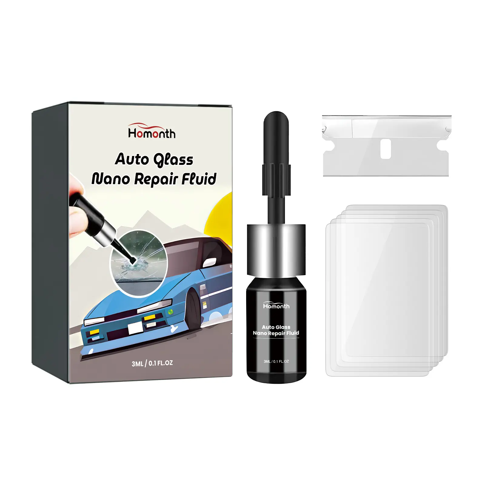 Automotive glass nano repair fluid, automotive windshield crack repair fluid for clear visibility, suitable for all types of vehicles.