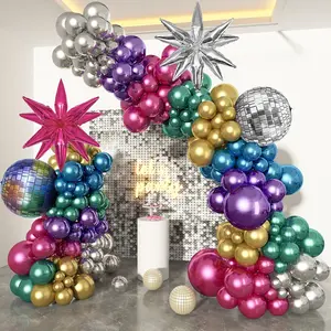 150pcs metallic disco balloon arch garland kit, chrome purple hot pink blue silver disco ball star balloons for men women 80s 90s disco birthday party decorations graduation space neon supplies