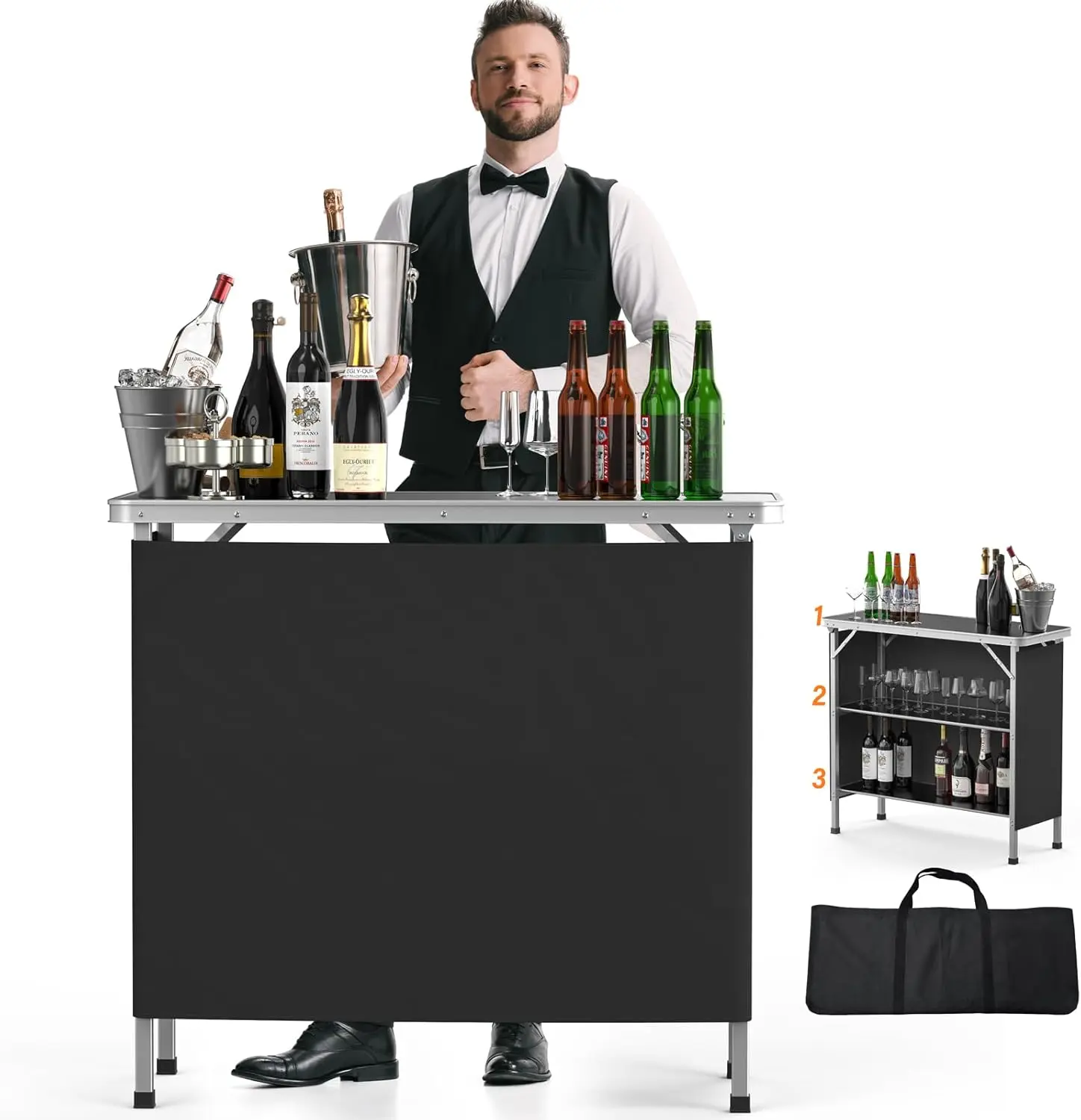 VINGLI Iron Frame Portable Home Bar Table, 3-Tier Shelves, Mobile with Black Skirt for Events, Camping, Indoor Use, Three Tiers