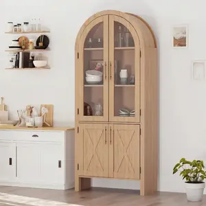 60" Arched Display Cabinet , Kitchens Storage Cabinets with Adjustable Shelves & Glass Doors, Modern Wood Kitchen Pantry, Wood Storage Cabinet for Bathroom, Entryway, Dining Room