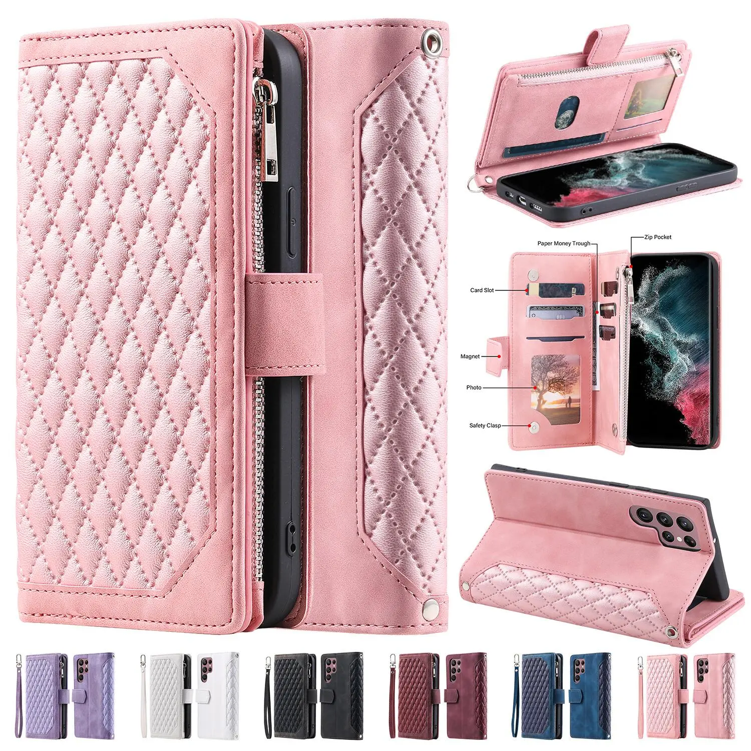 Luxury Foldable Magnetic PU Leather Zipper Wallet Casing with Card Holder - Shockproof Full-Cover Smartphone Protector Accessory, Fits iPhone 12,13,14,15,16,17 Pro Max, Mother’s Gift Handheld Device, Cellphone