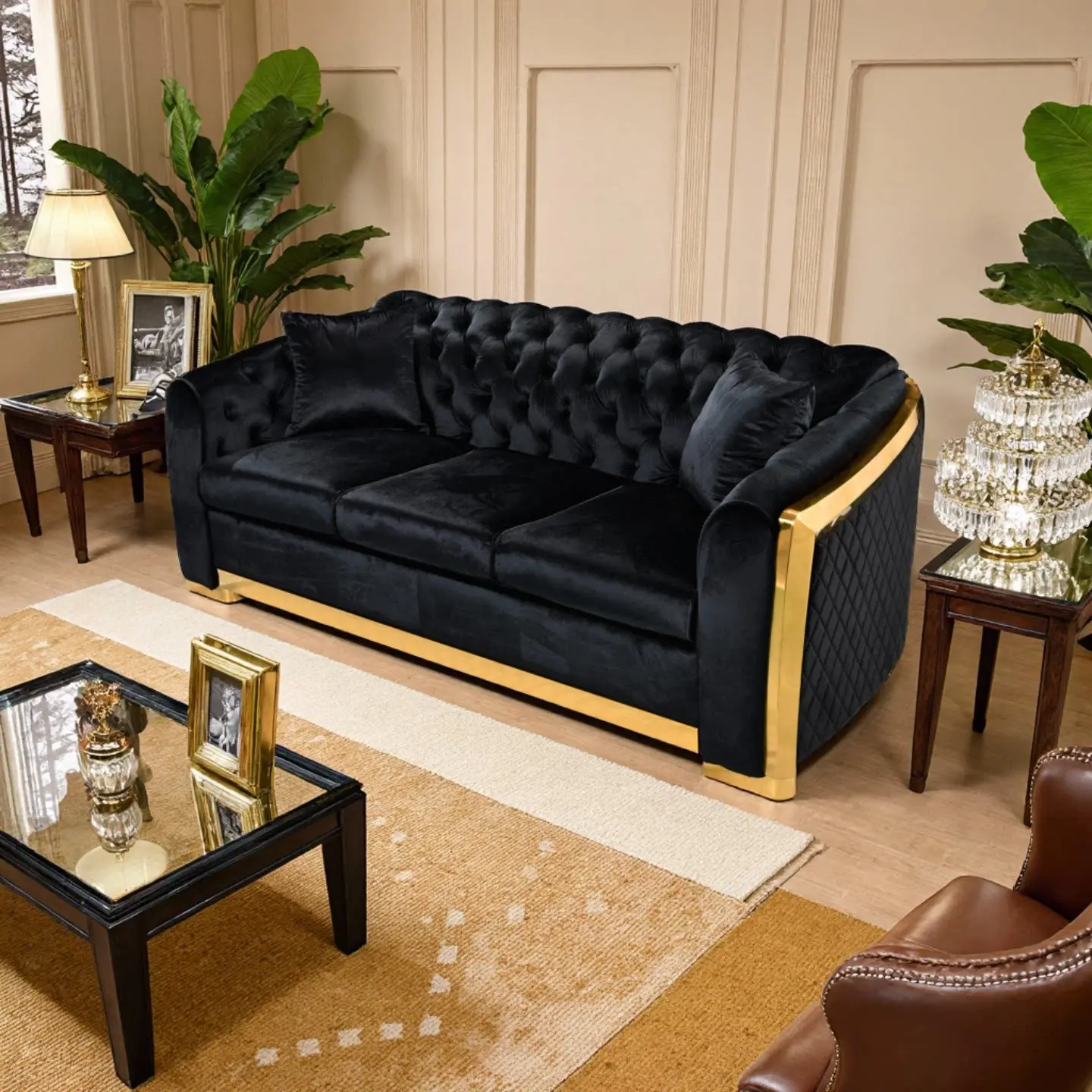 Glam 84" 3-Seater Luxury Chesterfield Velvet Cozy Comfy Loveseat Couch Sofa Set - Gold Stainless Steel Legs, Sturdy Exclusive Design, Living Room Furniture for Indoor Decor