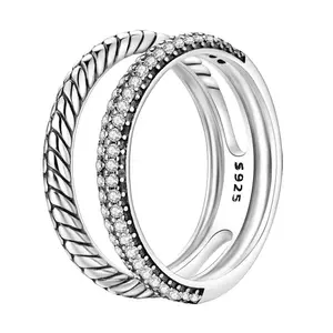 Double Layer Twisted Rope Ring 925 Sterling Silver Pave Sparkling CZ Stackable Band Rings for Women Vintage Aesthetic Jewelry Gift