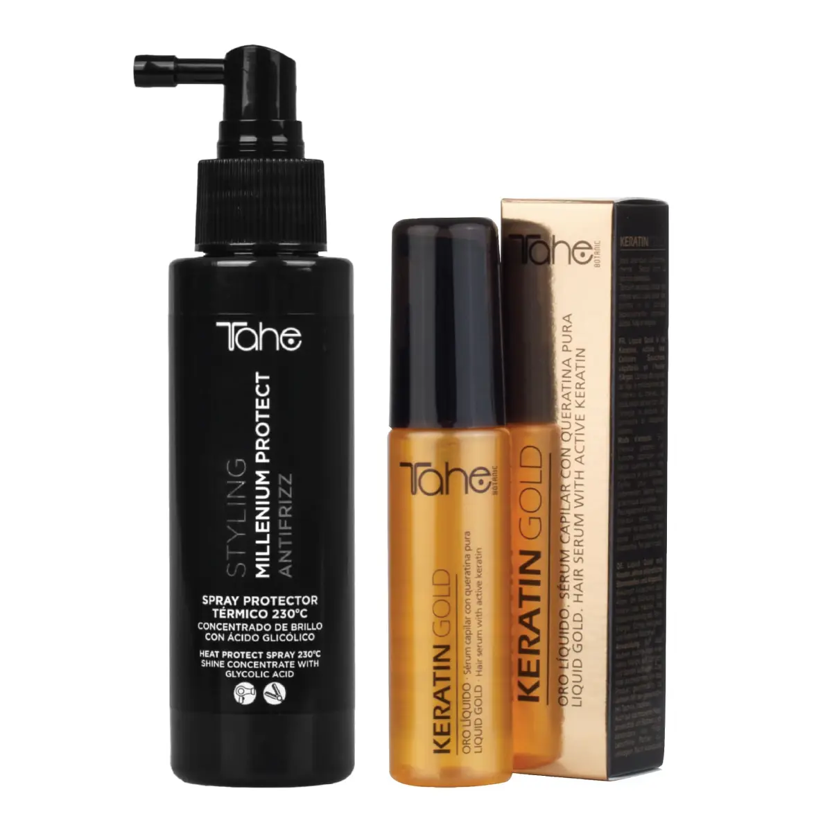 Tahe Kit - Keratin Gold Hair Serum 30ml + Heat Protect Spray 450F Millenium Protect 100ml