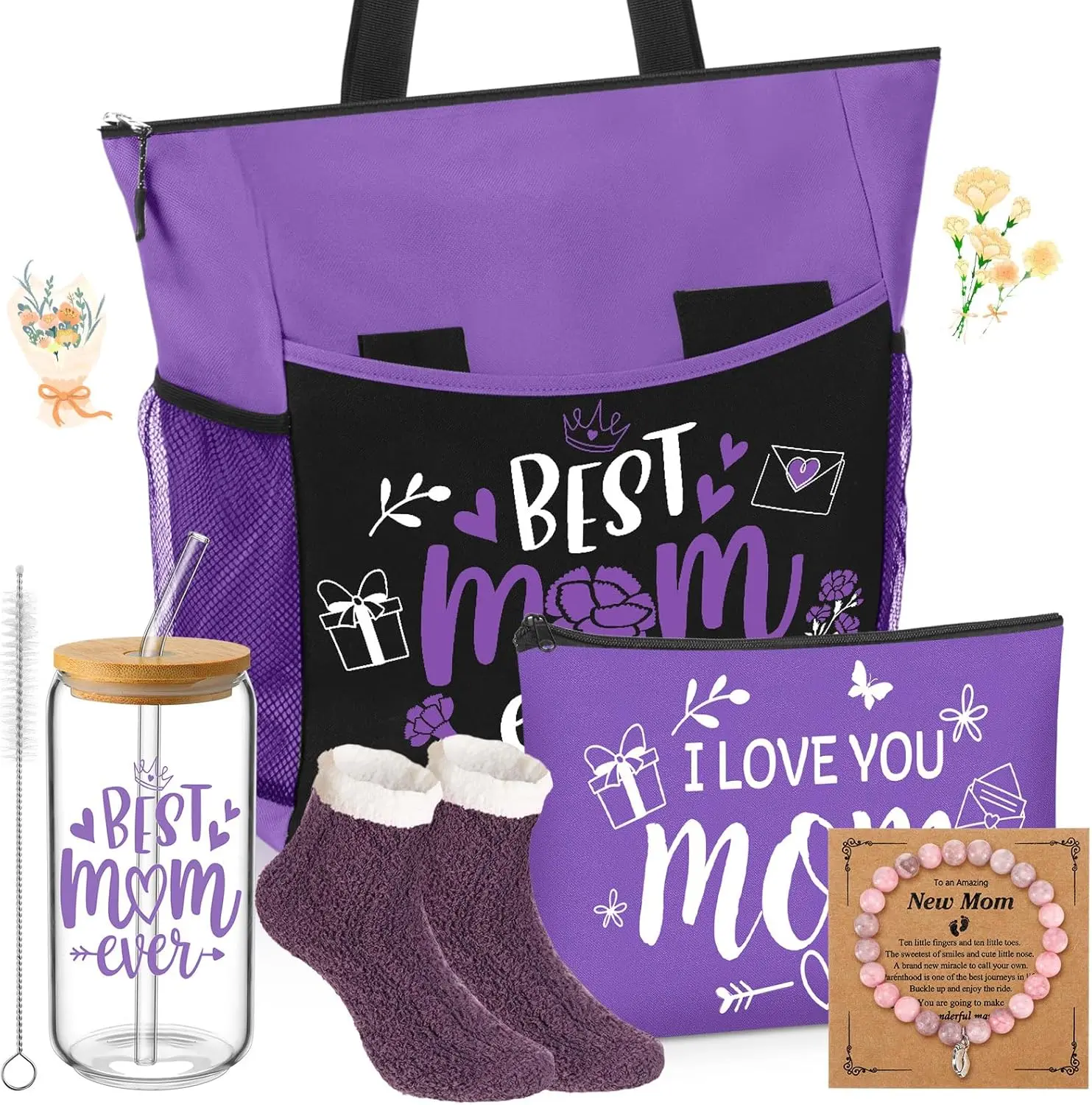 5 Pcs Gift Set for Mom Appreciation Presents from Daughter Son Includes Canvas Tote Bag Makeup Pouch 16oz Glass Coffee Cup Rose Quartz Bracelet Socks Gift Basket for Women, Grandma(Purple)
