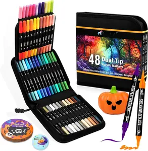 48 Colors   Markers, Dual Tip with Fine Tip and Brush Tip Pens for Stone, , Calligraphy, Canvas, Ceramic, Metal, Glass, Rock Painting, DIY Crafts Art Supplies Kit