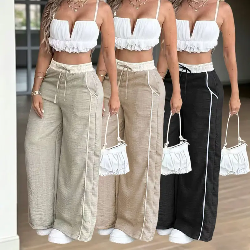 100% Polyester Women’s High-Waisted Wide-Leg Pants, Loose Fit with Low Rise, Striped Pattern, Spring & Autumn Season, Casual Everyday Wear, Button(Pre-order)