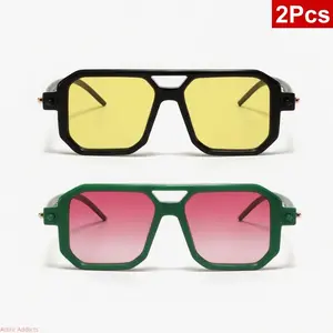 2 Pack 2026 New Double Bridge Polygon Square Sunglasses for Women Retro Art Modern Street Style Flat Lens UV400 Protection US Design outdoorfun