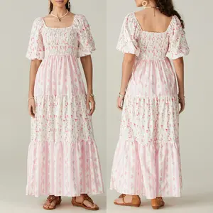 Women Long Dress Floral Print Square Neck Short Sleeve Dress Summer Fashion Casual Dress