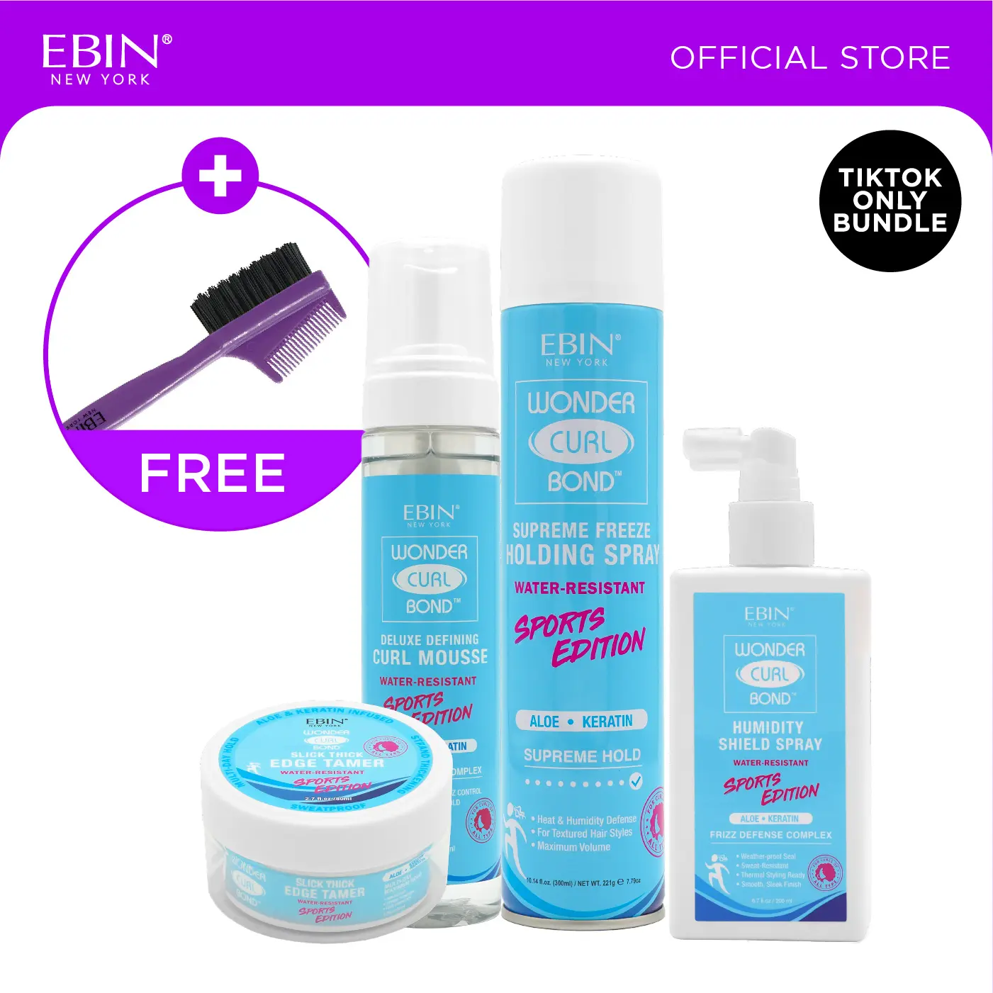 EBIN Sports Edition Wonder Curl Bond Edge Tamer + Curl Mousse + Holding Spray + Humidity Shield Spray Bundle with Free Edge Brush | Enhanced Curl Definition, Extreme Hold, Sweatproof, Water-resistant, Moisture, Frizz Control