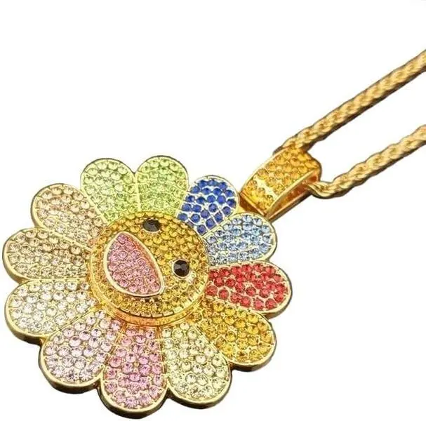 Unisex 60cm Sunflower Smiley Face Hip Hop Necklace - Murakami Inspired, Colorful Petal Spinning Necklace