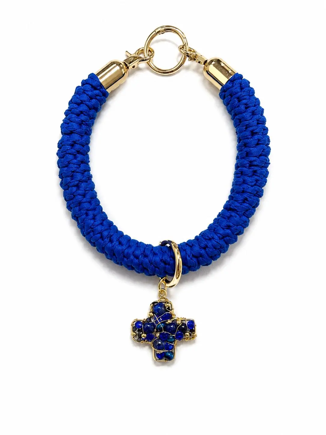 Women's Handmade Crochet Fabric Choker Necklace with Bead Accents & Cross Pendant - Adjustable Blue Casual Daily Female Statement Necklace