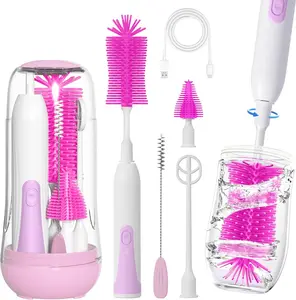 Electric Bottle Brush Cleaner, Baby Bottle Cleaning Kit with Nipple Straw Brushes Drying Rack ​​Soap Dispenser Rechargable Waterproof Multi-Purpose E-Brush Set for Travel & Home