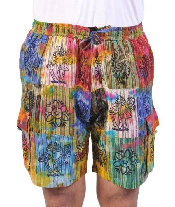 Caravan Closet Unisex Hippie Shorts, Loose Fit Bohemian Trouser in Patchwork Cotton with a Drawstring Waist and Button Pockets, Cargo, Light, Style, Comfortable, Stretchy, Elastic, Retro, Boho, Multi, Straight, Casual, Shirt