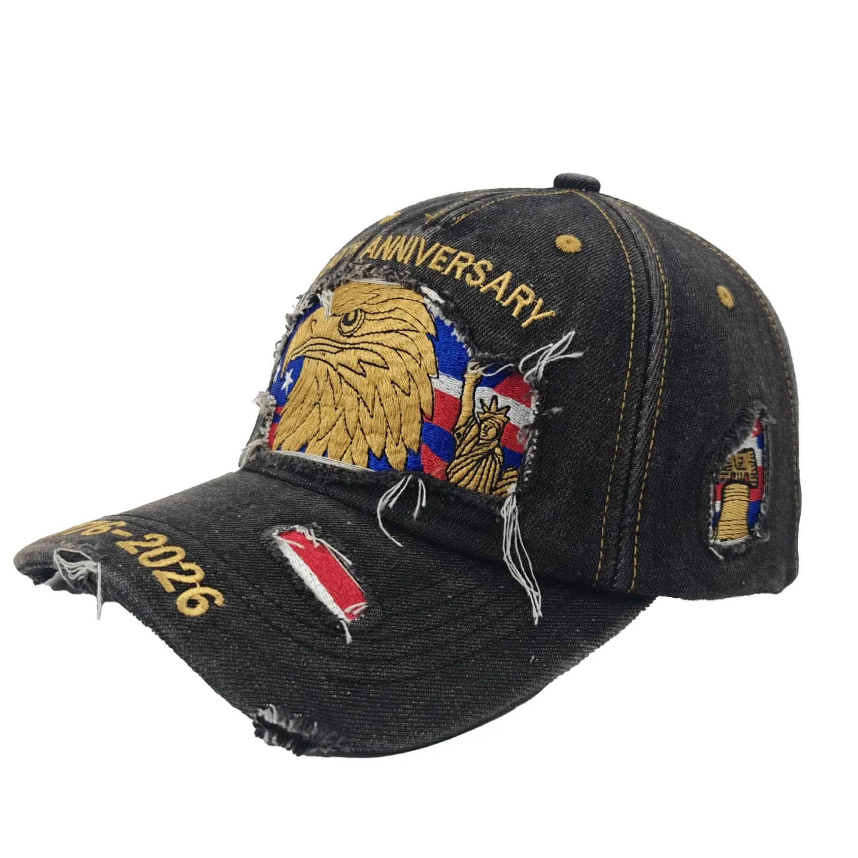 USA 250th Anniversary Eagle Black Denim Hat (1776-2026) - Vintage Distressed American Flag Adjustable Snapback Trucker Cap, Patriotic Freedom Casual Outdoor Hat, Retro Streetwear Baseball Cap, Black Hat
