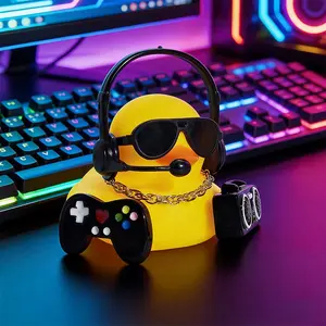 Car Decor Set - Hip Hop Duck Dashboard Ornament, Cute Fashion Glasses and Earphone Statues, Includes Necklace, Controller, Radio, Sticky Pads, Decoration