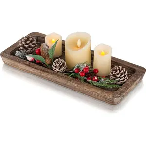 Wooden Decorative Tray Candle Holder - Wood Long Narrow Tray Home Decor Small Rustic Centerpieces Trays for Coffee Table Dining Room Kitchen