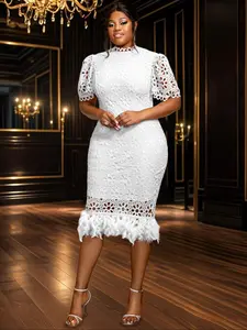 Am040325 Women's Plus Size Lace High Neck Puff Sleeve, Elegant Chic Bodycon Dress for Special Occasions, Fashionable European Style