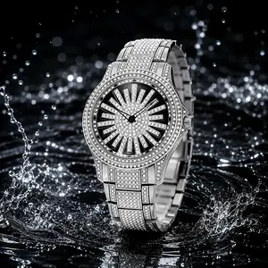 Men’s 46mm Rotating Starburst Dial Iced Diamond-Embellished Stainless Steel Quartz Watch, Crystal-Style Luxurious Masculine Hip Hop Bling Bustdown Wristwatch, Party Jewelry Gift, Diamond-Embellished Quartz Watches, Crystal-Style Quartz Watches