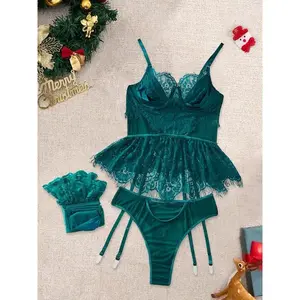 Christmas 8-Piece Women's Lingerie Set, Sexy Embroidered Sheer Comfortable High-Quality Underwear, Fitted Bra Panty Socks Kit