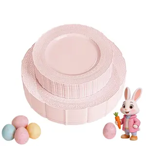 60pcs Pink Easter Plastic Plates - Heavyweight Vintage Disposable Plastic Plates for 30 Guests Include 30pcs 10.25” Dinner Plate,30pcs 7.5” Dessert Plate Perfect for Wedding & Party & Easter