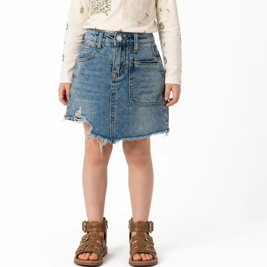 Kidscool Space Girls' Distressed Cotton Blend Denim Skirt - Elastic Waistband, Raw Hem, Wash Effect, Patch Pockets, Stretchy, Buttons, 3% Polyester, for Kids 5-14Y, Frayed Hem