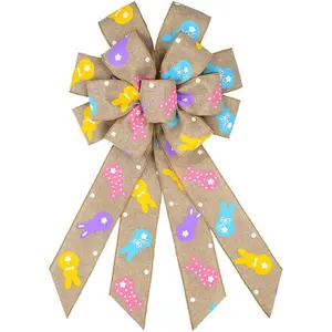 Large Easter Bows for Wreath, Brown Easter Rabbits Wreath Bow for Easter Décor - Spring Burlap Bow for Front Door Indoor Outdoor Wall Easter Decoration Supplies Ornament