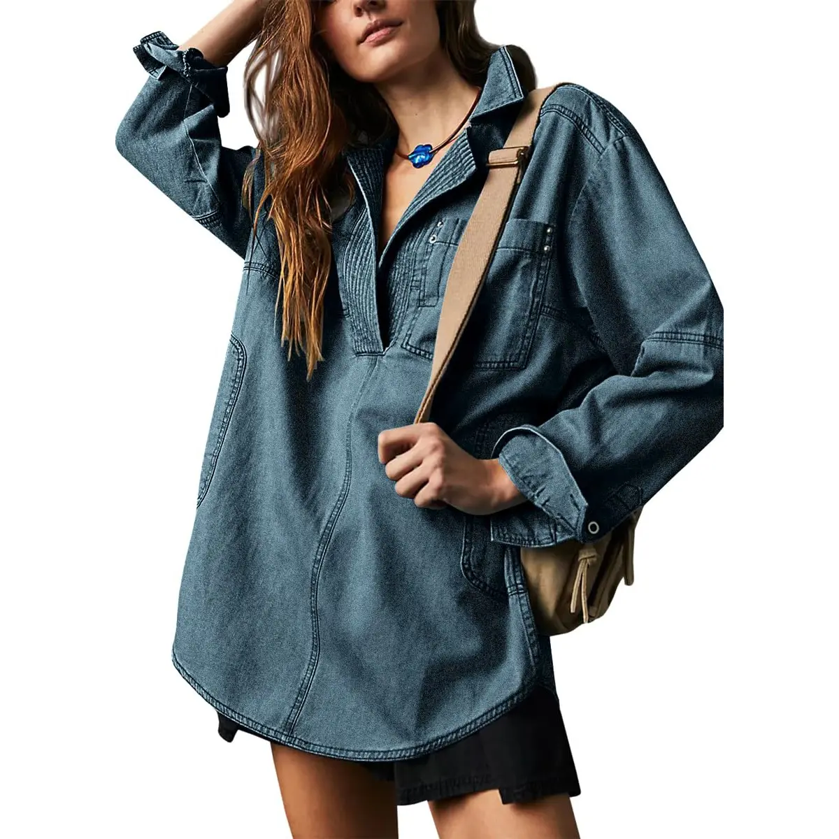 Chouyatou Women's Lady Chic Long Sleeve Collared V-Neck Button-Down Distressed Boyfriend Loose Fit Denim Jacket - Business Casual, Club Wear, Evening Outerwear, No, Plain