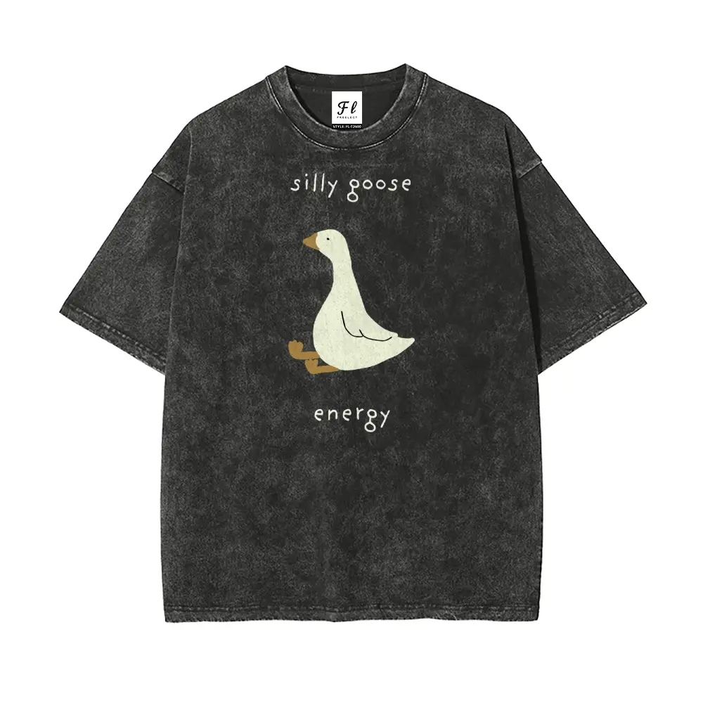 "Silly Goose" Men's Oversized Retro Round Neck Shortsleeve Washed Batik Cotton Graphic Top, S-5XL, Stretch Super Soft Pre-Shrunk Casual Streetwear Unisex Fabric Tee