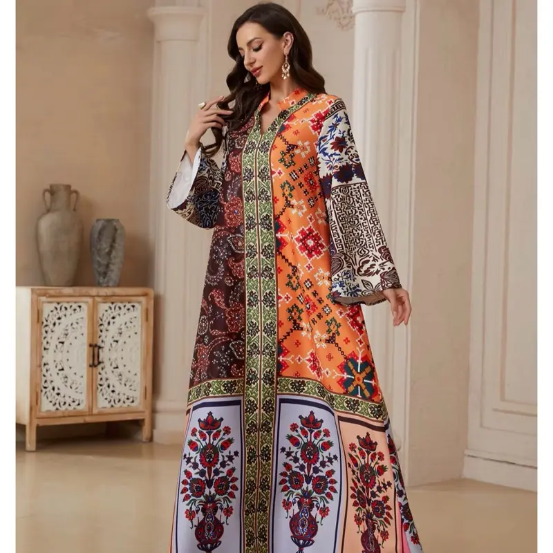 Abaya Women's Muslim Turkey Dress with Vibrant Patterns and Elegant Design