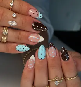 Bubble Nailart | Cute Collection 10PCS+ nude and burgundy gel press on nails, polka dot and star design, mixed short almond and oval shape, handmade, reusable, cute & elegant, Press On Nails, Fake Nails Gel Nail, 2025 trend, glossy finish