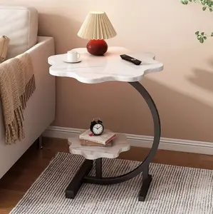 Double-layer petal-shaped side table with metal frame, multi-purpose portable coffee table suitable for sofa end in living room, fiberboard structure, applicable to various models