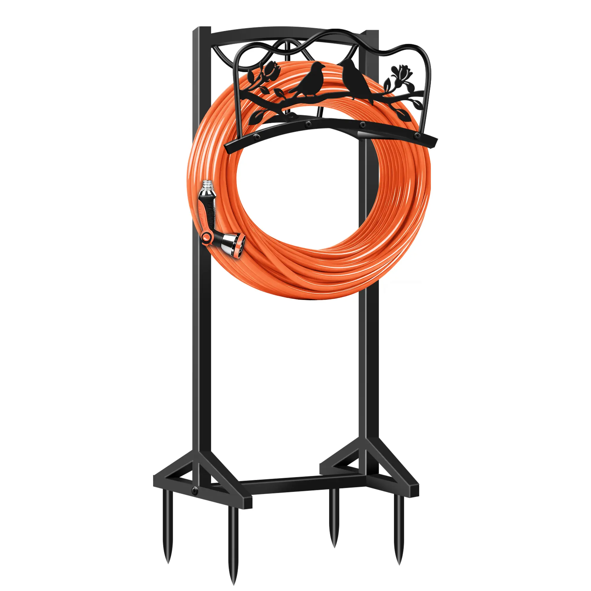 Black Metal Heavy-Duty Garden Hose Holder - Rust Resistant, Sturdy Freestanding Home Organizer Storage Rack with Spiked Stable Base, Universal Fit for Lawn, Patio Beds
