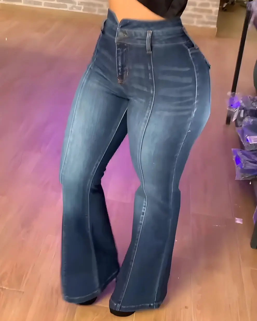 Women's High-Waisted Flared Jeans, Stretchy Denim, Stitched Design, Slim Fit, Hip-Lifting Slimming, Versatile, All Season & Occasions