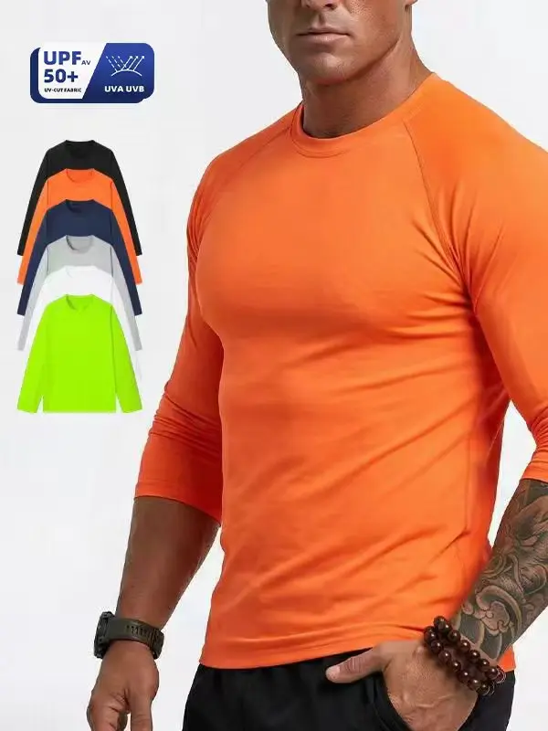 Men’s long-sleeve sports shirt — UPF 50+ sun protection, quick-drying, lightweight summer athletic top; suitable for swimming, fitness, rash guards, and various outdoor activities; crew neck design that blends fresh autumn vibes with summer energy. Casual